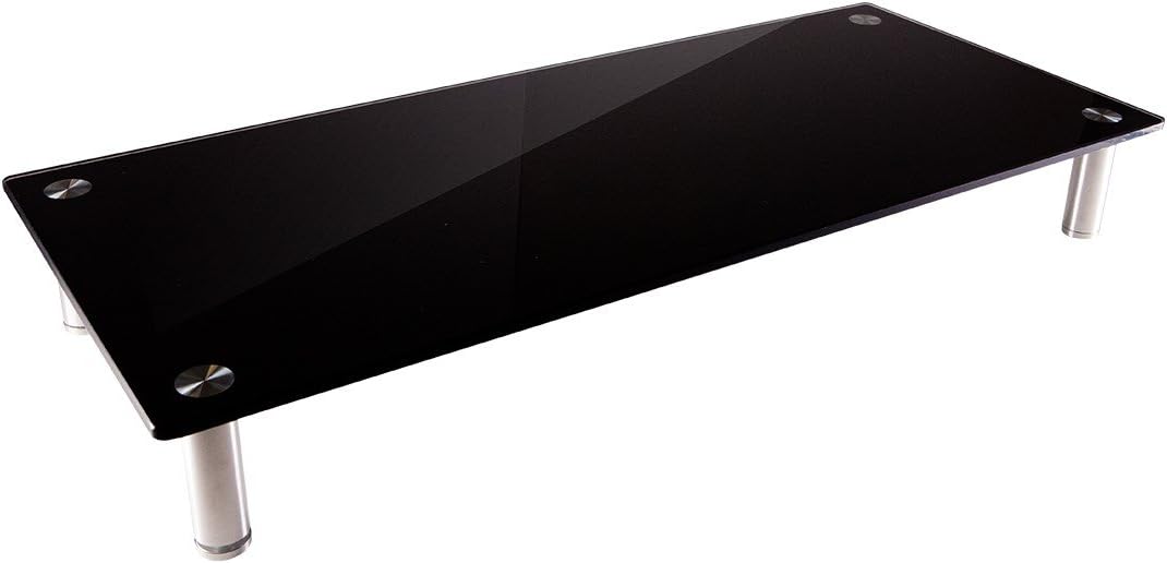 Medium Multimedia Desktop Stand, Black Glass (27.6" x 12.2" x 3") - Stand & Riser, Laptop Stand, Desktop TV Stand, Dual Monitors w/ Height Adjustable Legs -  Collection , 25.6" x 11.0"