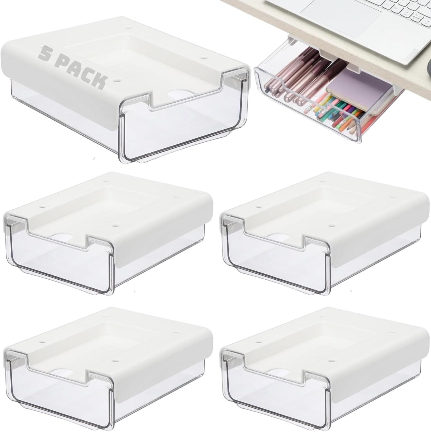 5 Pack Under Desk Drawer, Under Shelf Drawers Slide Out Self-Adhesive Standing Desk Drawer Attachment, Plastic Workspace Organizers for Office Home School