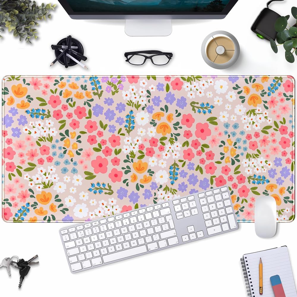 Floral Desk Mat Large Keyboard Pad, Pink Mouse Pad Women Girls Flowers Large Mouse Pad for Desk Pad Computer Floral Pad Desktop Mat for School Office Home 31.5" X 15.7"