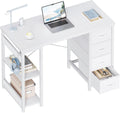 40 Inch Small White Computer Desk with 4 Fabric Drawers, Modern Office Desk for Home Office Gaming with Storage Shelves Study, White