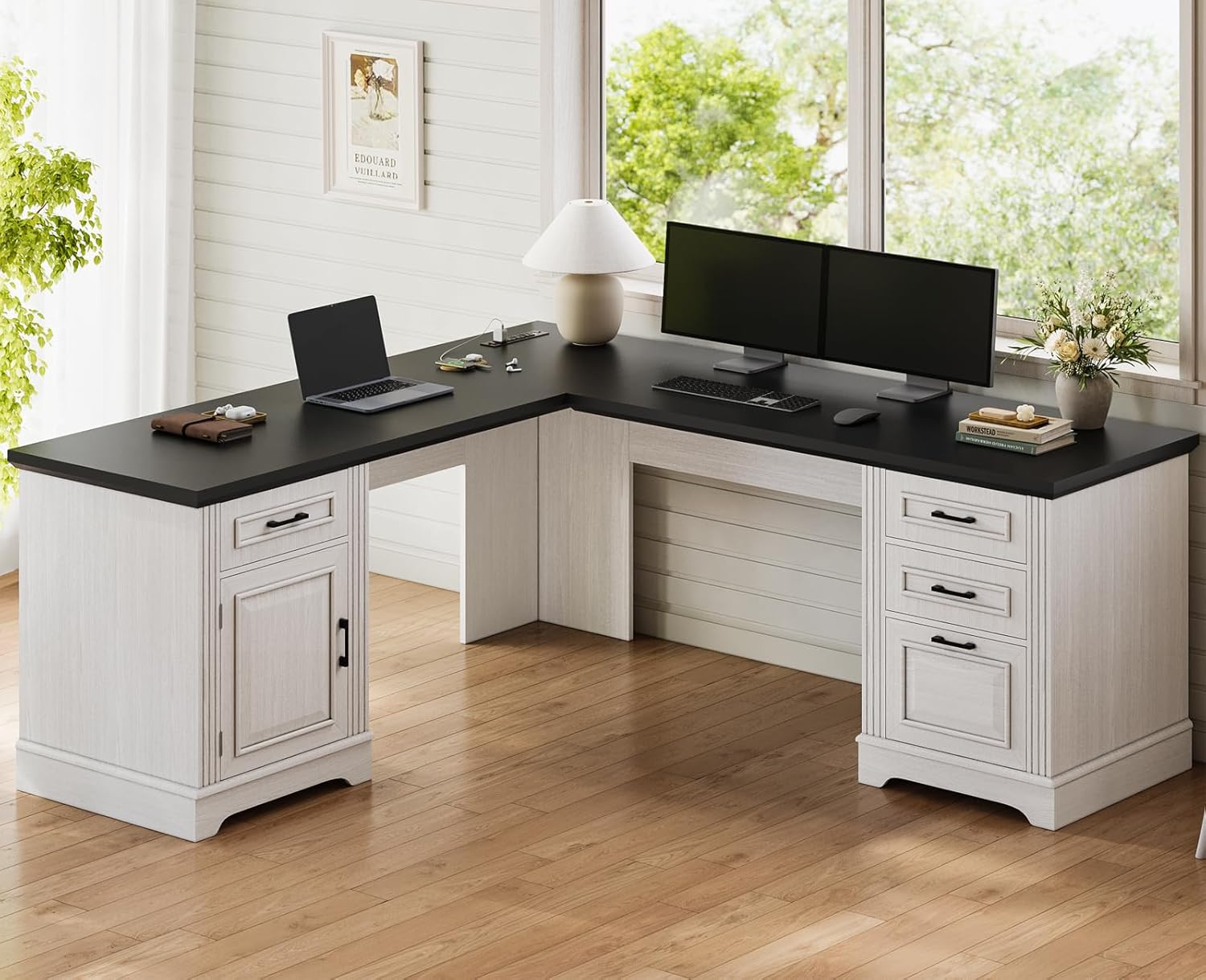 Farmhouse Executive L Shaped Desk, Home Office Desk with File Drawer and Power Outlet, Computer Corner Desk with Drawers and Storage Cabinet, Workstation for Office Home, White