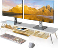 Dual Monitor Stand, 2 Tiers Acrylic Monitor Riser with LED Lights, 42.5 Inch Wood and Aluminum Desk Shelf with Phone and Tablet Holder