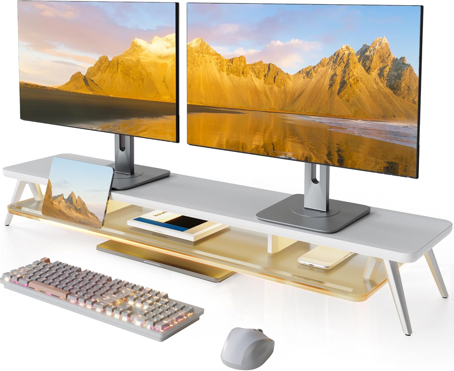 Dual Monitor Stand, 2 Tiers Acrylic Monitor Riser with LED Lights, 42.5 Inch Wood and Aluminum Desk Shelf with Phone and Tablet Holder