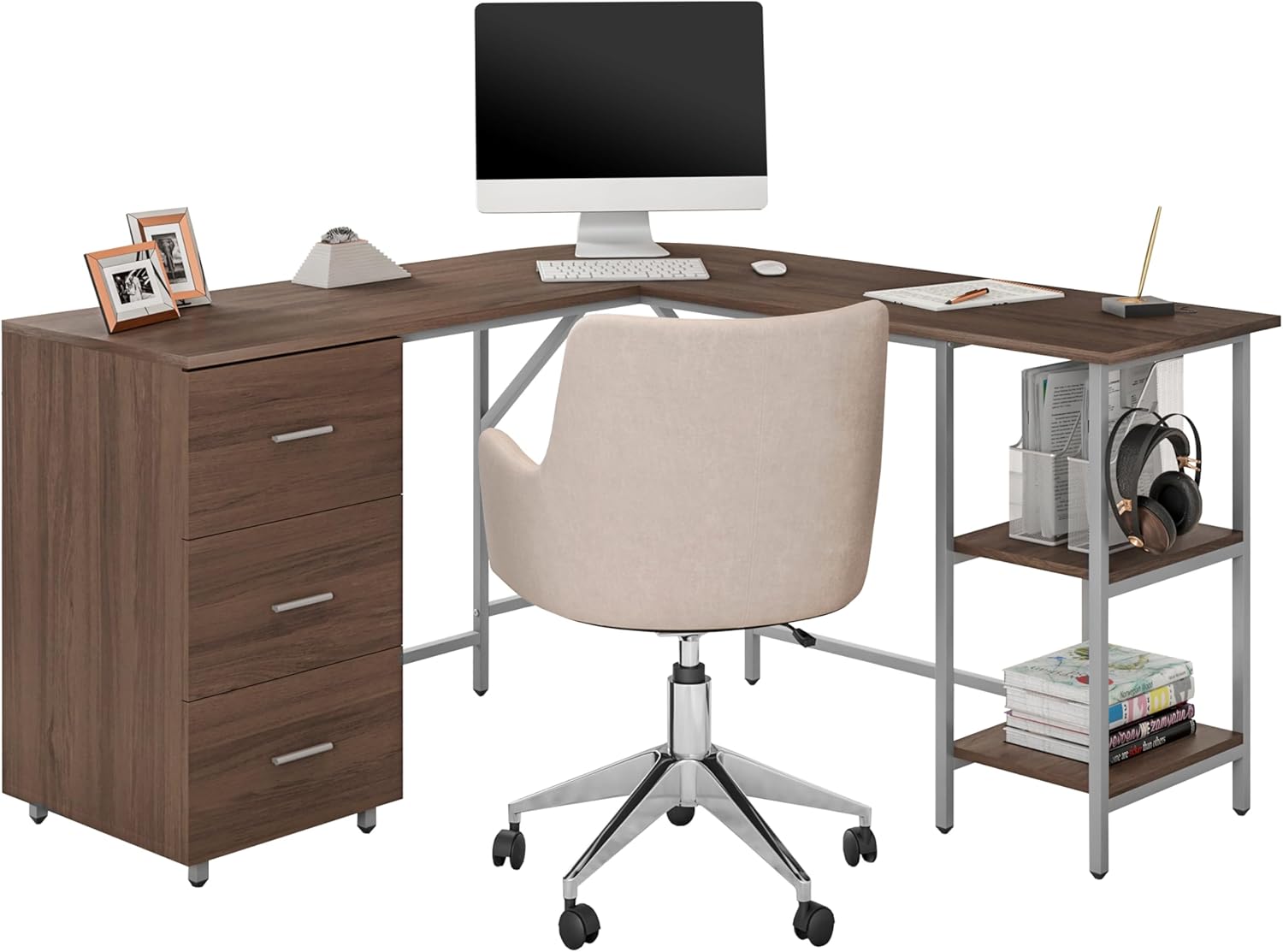 L Shaped Desk - Two-Toned Computer Desk with Drawers & Storage Shelves - Simple Modern Furniture & Home Office Space Corner Table for Work & Writing