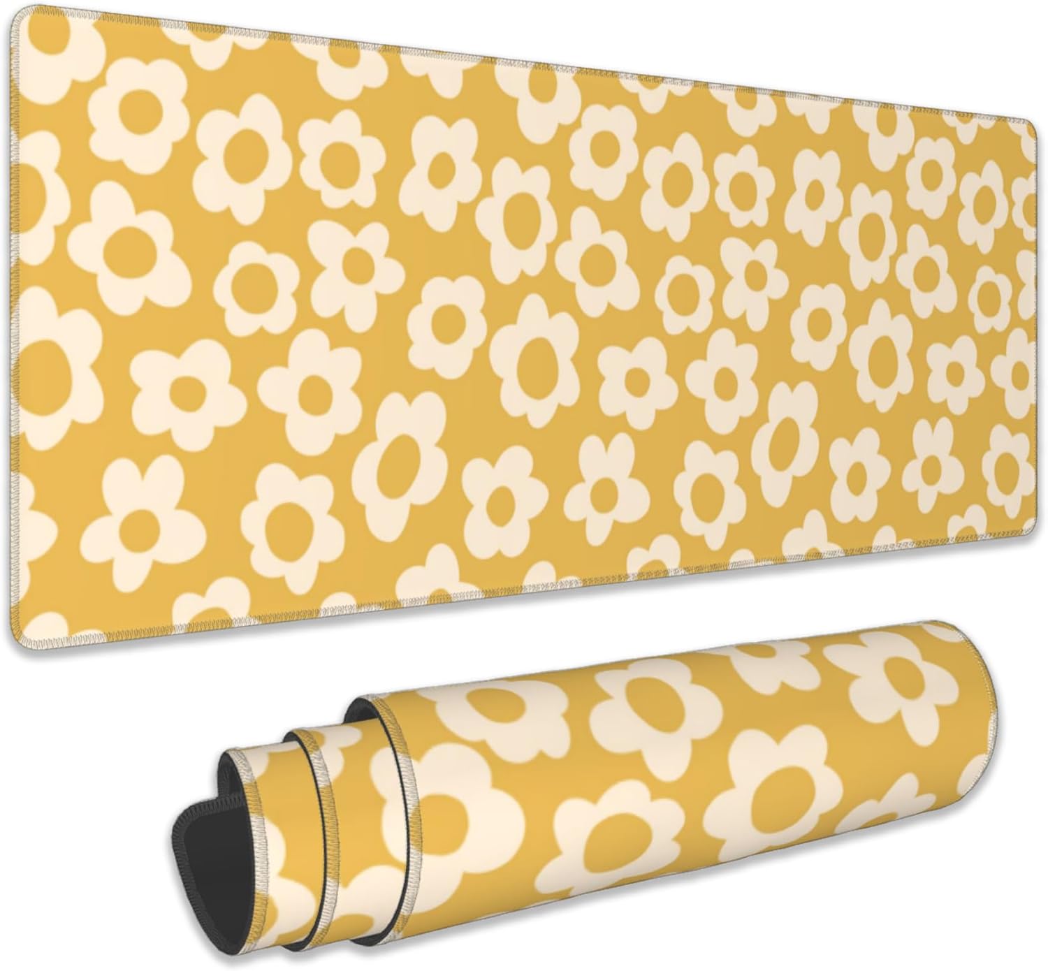 Desk Mat, Vintage Groovy Yellow Flowers Extended Gaming Mouse Pad Large, Big Desk Mat with Non-Slip Base and Stitched Edge, Long Computer Keyboard Mouse Mat for Home Office Work 31.5"x11.8"