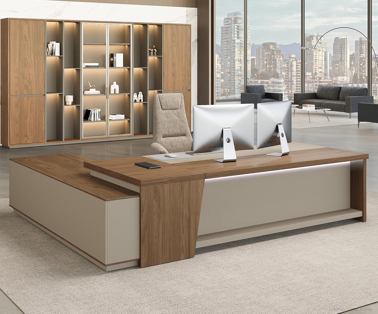 79" L-Shaped Executive Desk with Drawers, Modern Large Office Desk with Power Outlets, LED Ambient Lighting, File Cabinet & Storage Shelves, Workstation for Home or Business (Right-Facing Cabinet)