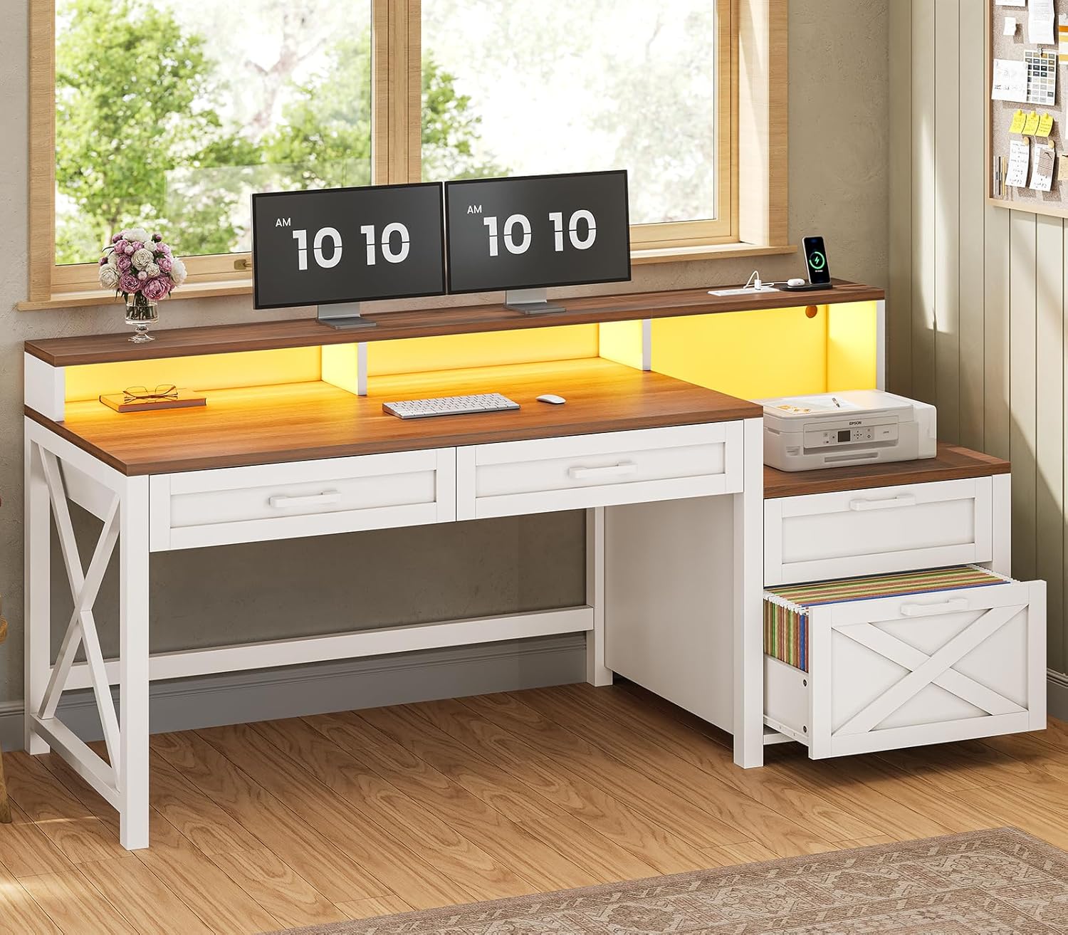 Farmhouse Home Office Desk with File Drawer & Power Outlet, Computer Desk with 4 Drawer, Storage Shelves, Printer Cabinet and Monitor Shelf, Gaming Desk with Led Lights, White