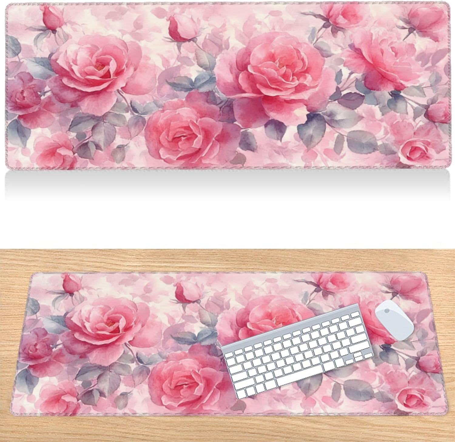 31.5”x11.8”Large Gaming Mouse Pad for Desk, Mouse Mat with Seamed Edges, Waterproof Desk Pad, Non-Slip Rubber Base, Keyboard Pad Computer Mat, Big XL Mousepad-Pink Roses Watercolor