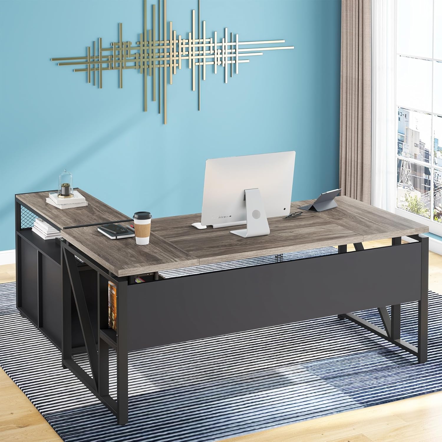 Office Desk with Drawers Sets, 55 inches L Shaped Computer Desk with Mobile File Cabinet,Big Executive Desk for Home Office Furniture Sets (Dark Oak, 55-inch)