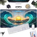 Beach Sunset Desk Mat Cute Large Mouse Keyboard Desk Pad, Aesthetic Cute Gaming Desk Keyboard Mats for Desk Pad Mat, Faux Stained Glass Sunset Mousepad Southwest Landscape Desk Pad 31.5x15.7 in