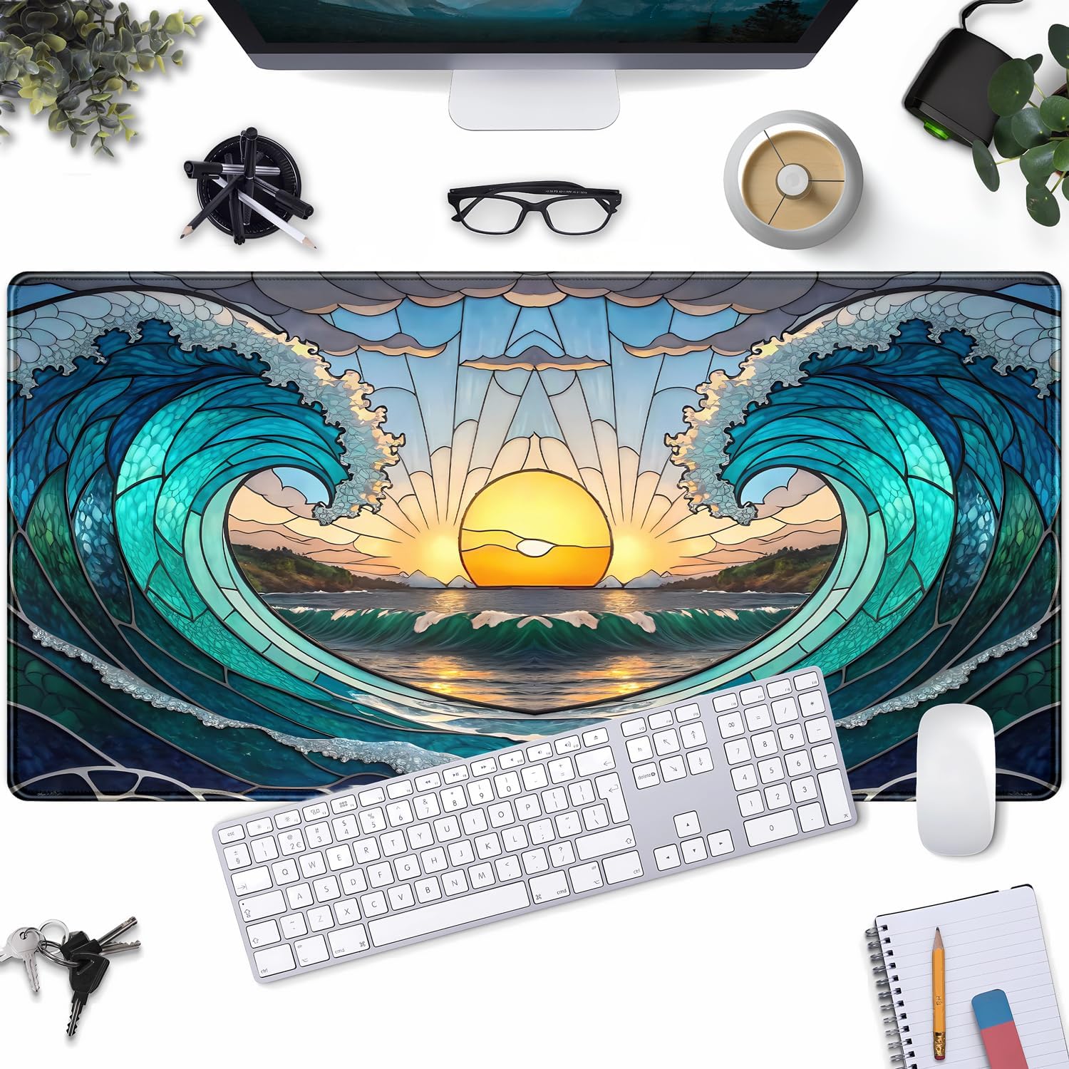 Beach Sunset Desk Mat Cute Large Mouse Keyboard Desk Pad, Aesthetic Cute Gaming Desk Keyboard Mats for Desk Pad Mat, Faux Stained Glass Sunset Mousepad Southwest Landscape Desk Pad 31.5x15.7 in