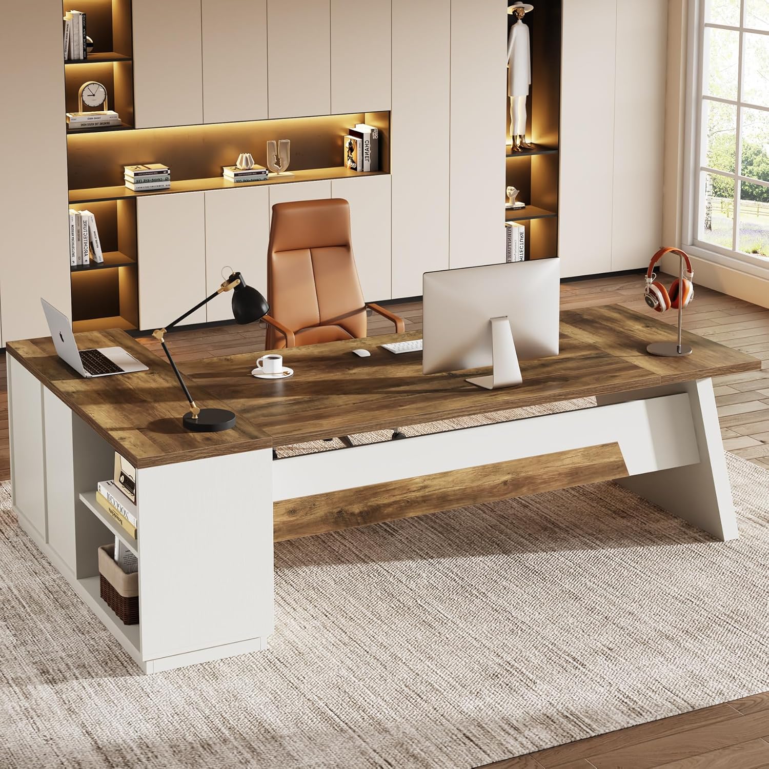 78" L-Shaped Executive Desk, Large Modern Office Desk with Drawers and Lateral File Cabinet, Business Furniture with Storage Shelves, Big Computer Desk for Home Office (Brown + White)