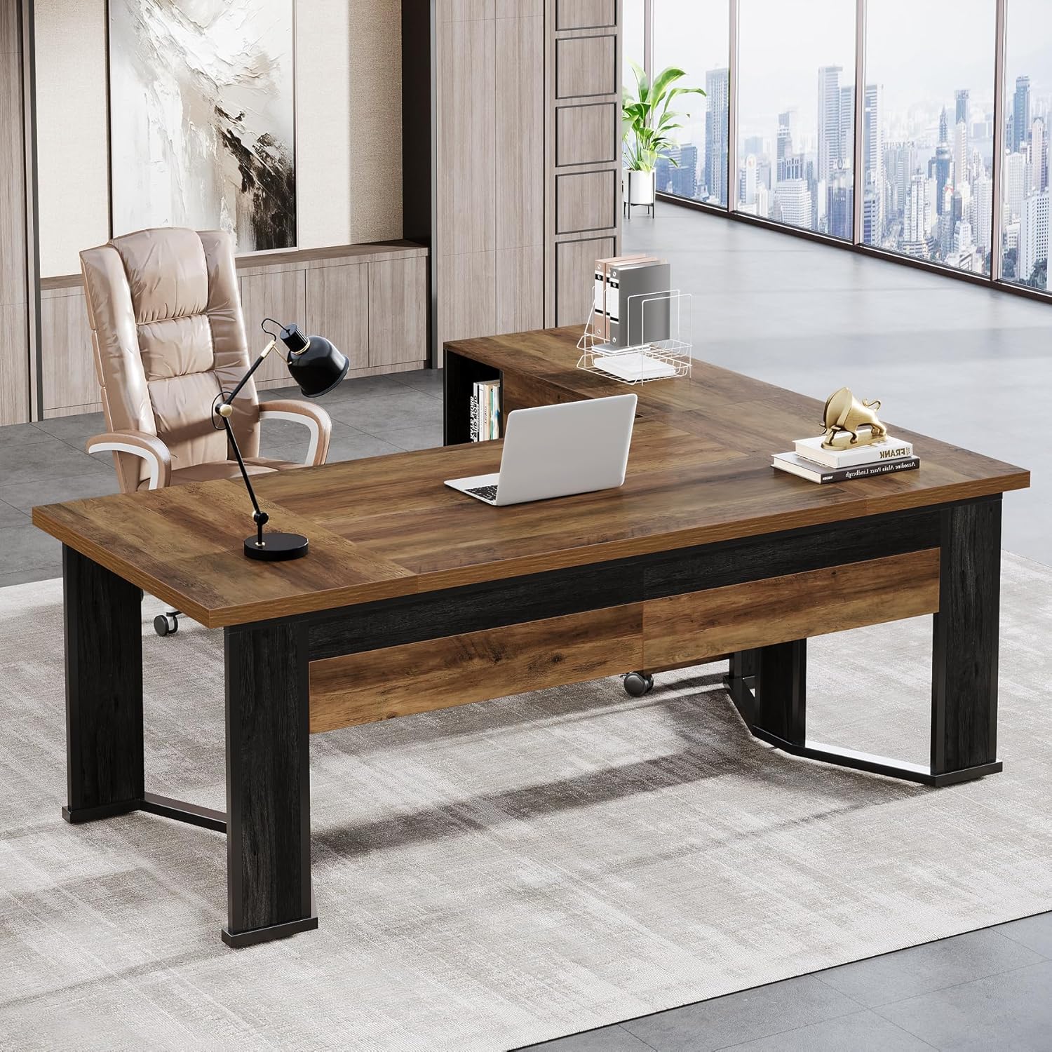 70.86" Executive Desk with Mobile File Cabinet, Large L Shaped Computer Office Desk with 2 Drawers and Storage Shelves, Business Furniture Desk Workstation for Home Office (Rustic Brown)