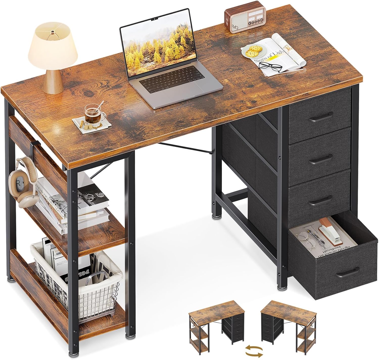 40 Inch Small Computer Desk with 4 Fabric Drawers, Modern Writing PC Desk for Small Spaces, Study & Home Office Desk with Storage Shelves, Vintage