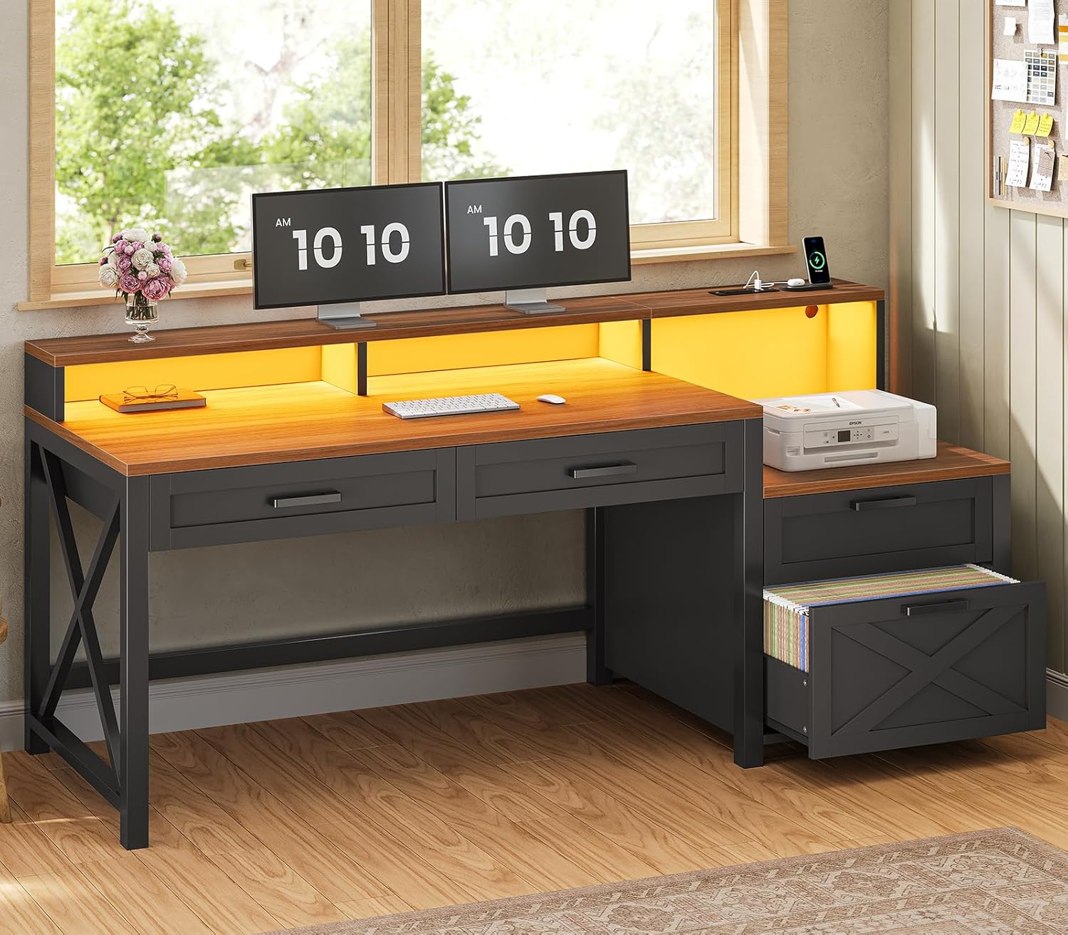 Farmhouse Home Office Desk with File Drawer & Power Outlet, Computer Desk with 4 Drawer, Storage Shelves, Printer Cabinet and Monitor Shelf, Gaming Desk with Led Lights, Black Brown