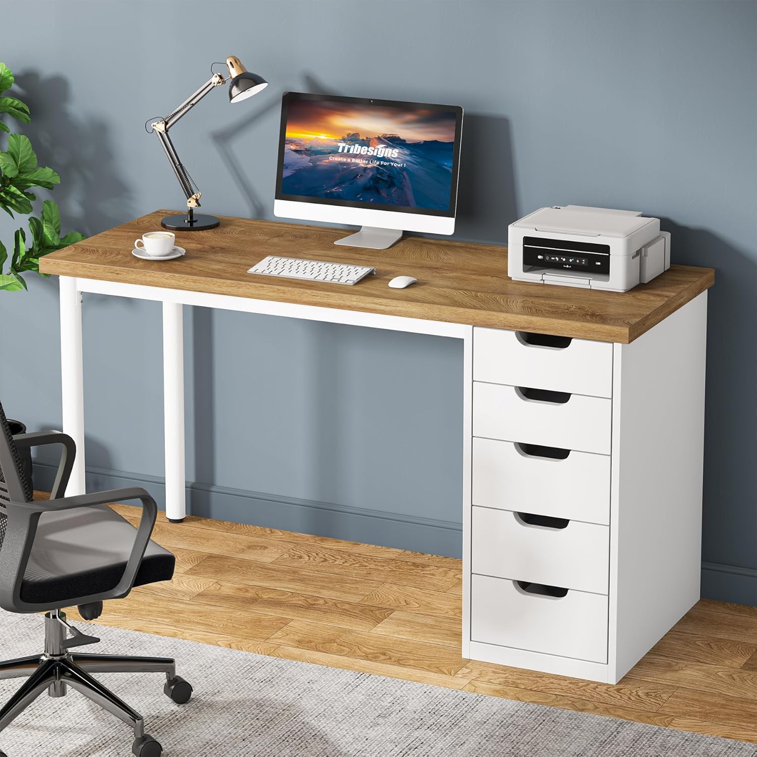 Computer Desk with 5 Drawers, 47 inches Rustic Brown Home Office Desk with Storage, Modern Simple Laptop Desk Study Writing Table for Small Spaces (1, Walnut+White)