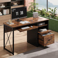 47" Computer Desk with Drawers, Home Office Desk with Keyboard Tray, Reversible Industrial Office Desk with Storage Cabinet for Small Space Home Office & Studio, Rustic Brown