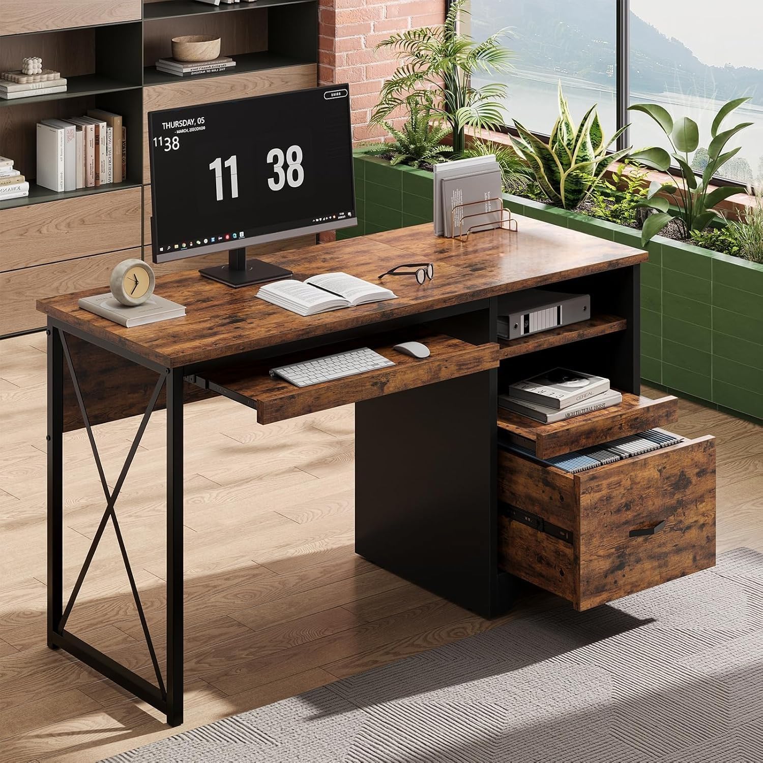 47" Computer Desk with Drawers, Home Office Desk with Keyboard Tray, Reversible Industrial Office Desk with Storage Cabinet for Small Space Home Office & Studio, Rustic Brown