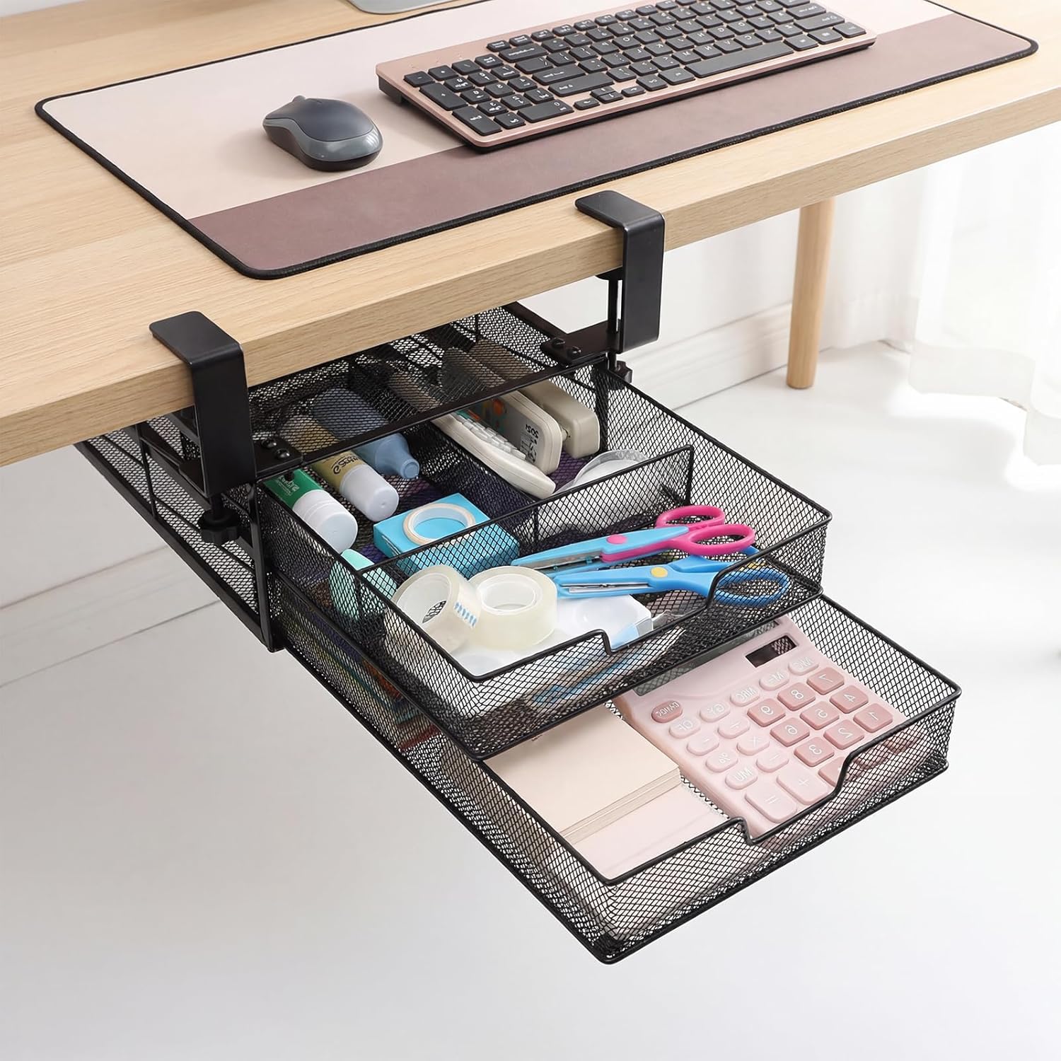 Under Desk Drawer Organizer Slide Out, 2-Tier Metal Under Table Storage Drawers Clamp On for Home Office, Black, No Drilling
