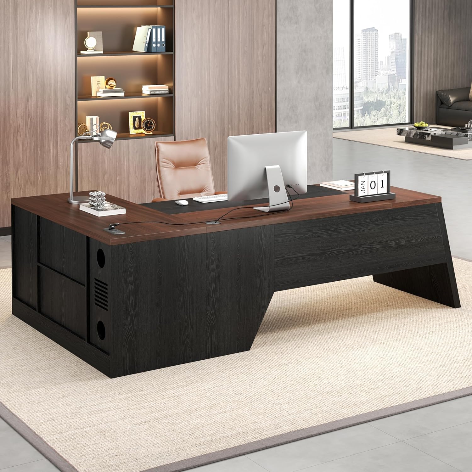 L-Shaped Executive Desk with Drawer, 78-Inch Large Home Office Desk with Cord Hold and Power Outlet, Modern Computer Table with Lateral File Cabinet,Open Shelf and PC Stand, Walnut Brown Black
