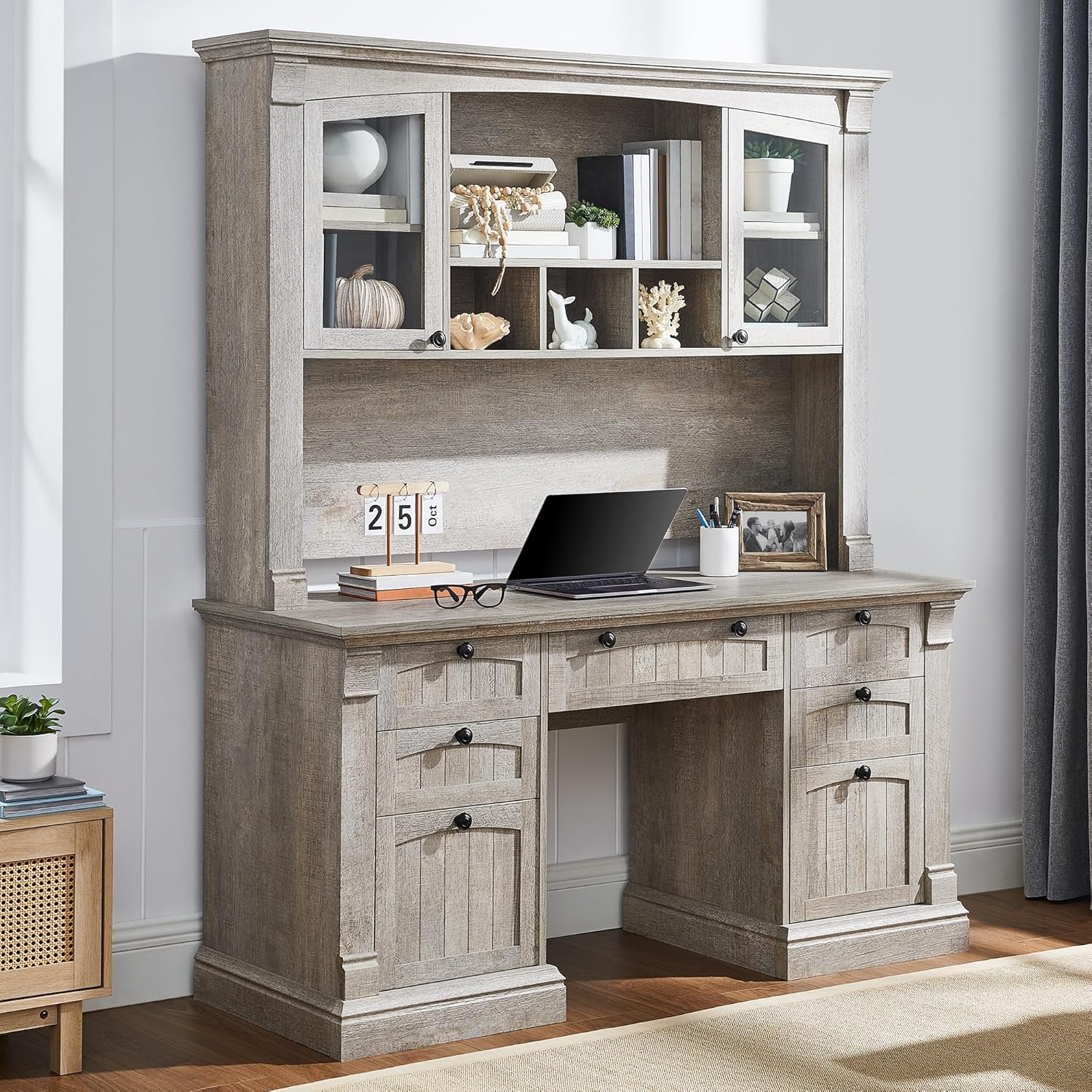 60" Executive Desk with Hutch and Drawers, Farmhouse Home Office Desk with Charging Station, Keyboard Tray, File Cabinet Storage, Wood Computer Desk for Work and Study, Light Rustic Oak